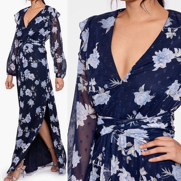 Betsy & AdamFloral Chiffon Ruffle V-NeckMaxi Dress size 8